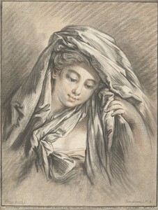 Hoofd van vrouw met doek om het hoofd gedrapeerd