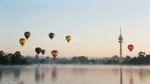 Hot Air Balloons Over Lake
