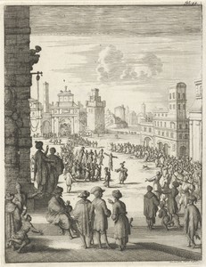 Huiden van gevilde inwoners van Tlemcen worden op staken getoond op een plein in Algiers, 1627