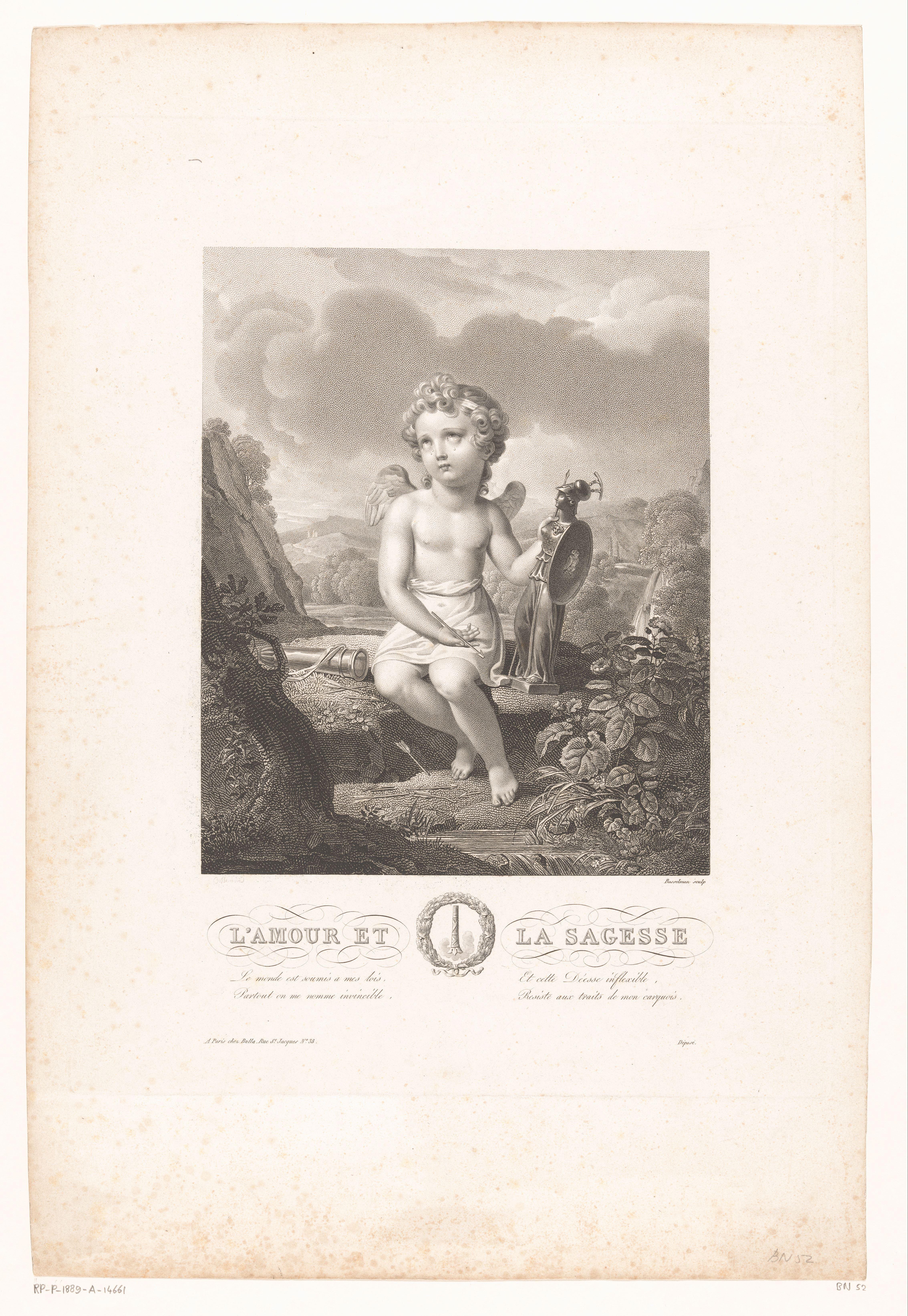 Huilende Amor met beeld van Minerva by A. Bosselman