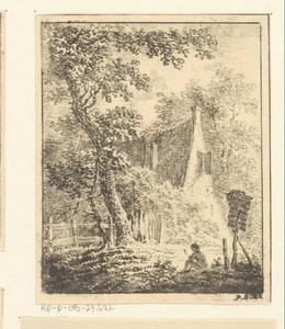 Huis in een bos en zittend figuur