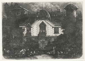 Huis met toren achter een hek en herderin met vee