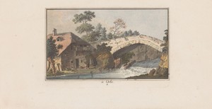 Huis naast een brug over een rivier te Orbe