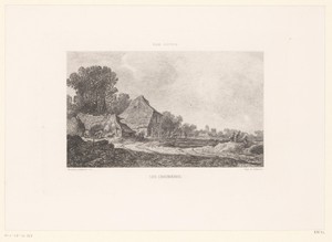 Huizen met strooien daken in een landschap