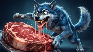 Hungry Wolf Drooling Over Steak