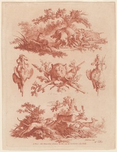 Hunting Trophies and Vignettes with Dogs Chasing a Boar and a Stag