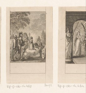 Huon de Bordeaux en de feeënkoning Oberon ruilen de hoorn en vaas