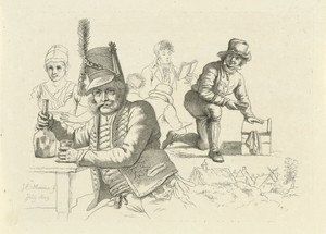 Huzaar met glas en fles aan een tafel, een schoenpoetser en figuren