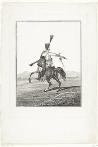 Huzaar te paard, een charge uitvoerend, met een pistool in zijn hand