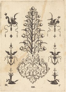 Hyacinth-Shaped Brooch with Winged Animals  at Top and Crouching Swans at Bottom