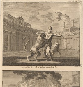 Ignatius van Antiochië laat zich door leeuwen verscheuren en de H. Polycarpus wordt op een brandstapel gezet maar de vlammen verbranden hem niet