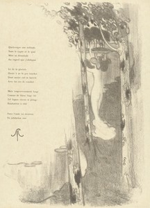 Illustratie met staande naakte vrouw tussen bomen bij een meer bij gedicht Petit Air van Stéphane Mallarmé