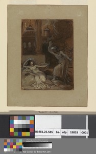 Illustration for an Eastern Romance, possibly 'The Arabian Nights' (with female figure reclining at left)