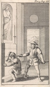 In een kerk knielt Sancho voor een heiligenbeeld en wordt door zijn meester tot ridder geslagen