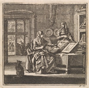 In een vertrek staan twee vrouwen bij een opengeslagen bijbel