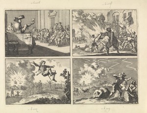 In Inglostadt houdt een man zonder armen met zijn tenen een bierkan en een glas vast, 1628 / Tolhuis te Lyon wordt geplunderd naar aanleiding van verhoogde accijnzen, 1625 /  Springen van een mijn tijdens het beleg van Ober-Ehenheim (Obernai), 1636 / Tijdens hevig onweer vliegt de kruittoren van Rheinberg in de lucht, 1636