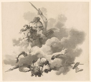 In wolken slaat een gewapende ruiter een strijder neer