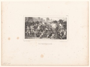 Infanteristen verdedigen een barricade met musketten