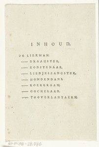 Inhoudpagina voor: Vaderlandsche Kermisvreugd vertoond in acht kunstplaaten geteekend en gegraveerd door K.F. Bendorp, met toepasselijke Vaersjes door R. Arends, H. de Haas en Compagnie (uitgever) Dordrecht 1782