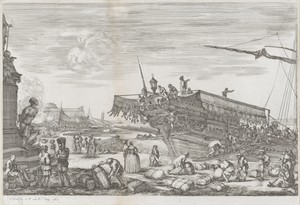 Inladen van galeischip in de haven van Livorno