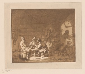 Interieur met drie mannen aan een tafel