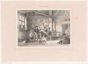 Interieur met drie mannen bij een haard