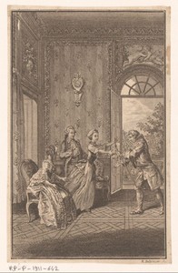 Interieur met een dame die een man begroet
