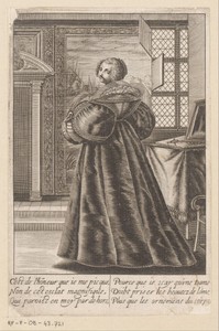 Interieur met een dame staand voor een kaptafel