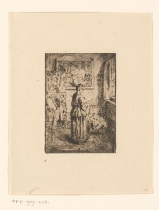 Interieur met een jonge vrouw die een brief leest