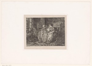 Interieur met een jonge wenende vrouw die door een oude vrouw en een kind wordt getroost