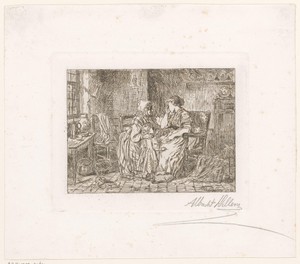 Interieur met een jonge wenende vrouw die door een oude vrouw en een kind wordt getroost