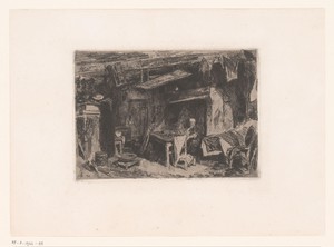 Interieur met een lezende man aan een tafel