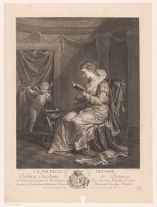 Interieur met een lezende vrouw, bezocht door Amor