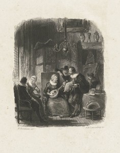 Interieur met een luitspelende vrouw