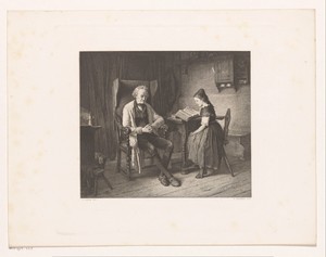 Interieur met een meisje dat voorleest aan een man