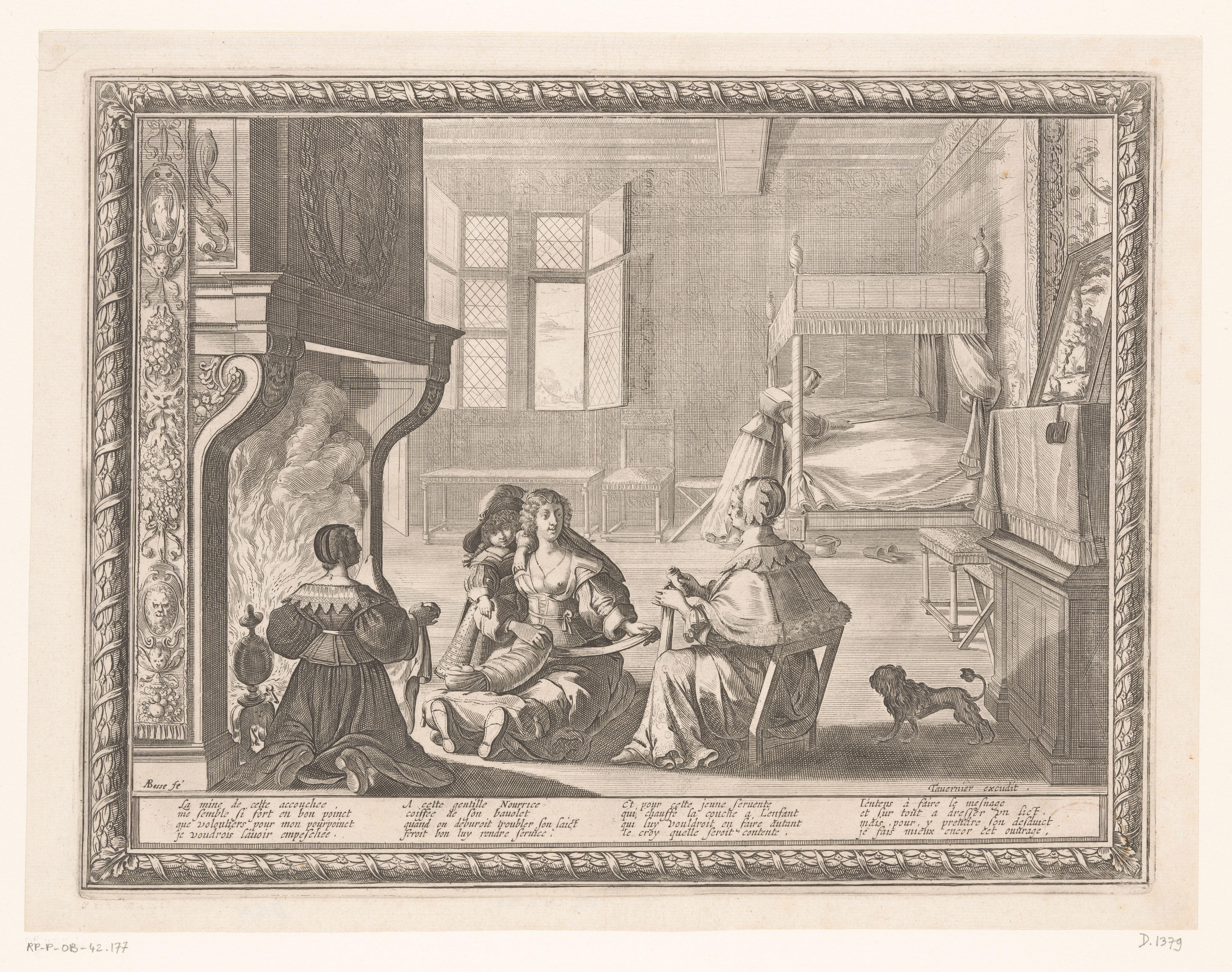 Interieur met een min met baby, een moeder en dienstmeid rond een haard by Abraham Bosse