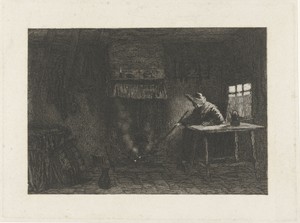 Interieur met een vrouw bij de openhaard
