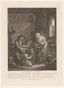 Interieur met een vrouw die boter karnt en een man met eiermand