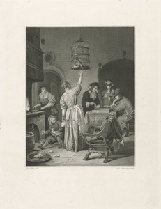 Interieur met een vrouw, die een papegaai voert