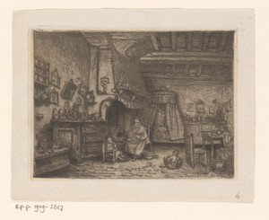 Interieur met een vrouw en twee kinderen
