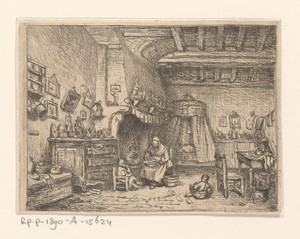 Interieur met een vrouw en twee kinderen
