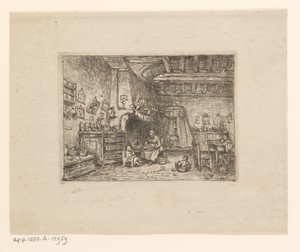 Interieur met een vrouw en twee kinderen