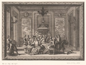 Interieur met elegant gezelschap aan een tafel