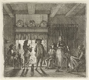 Interieur met figuren bij open haard