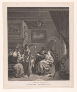 Interieur met figuren rond een tafel