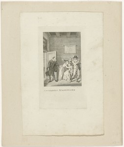Interieur met figuren rond flauwgevallen vrouw