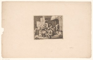 Interieur met figuren rond open haard
