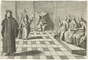 Interieur met geestelijken