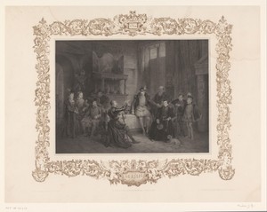 Interieur met gezelschap luisterend naar het verhaal van een ridder