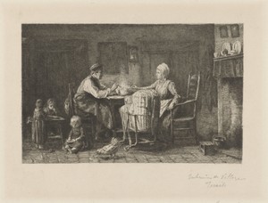 Interieur met gezin aan de maaltijd